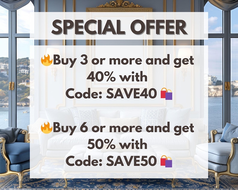 May include: Image featuring text: "SPECIAL OFFER" with details on discounts for multiple purchases. The text includes "Buy 3 or more and get 40% with Code: SAVE40" and "Buy 6 or more and get 50% with Code: SAVE50". The background shows a luxurious living room.
