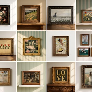 May include: A collection of framed vintage art prints. The prints feature floral still lifes, landscapes with windmills and fields of flowers, a swan on a pond, and a portrait of a woman. The frames are ornate and in various shades of brown and gold.