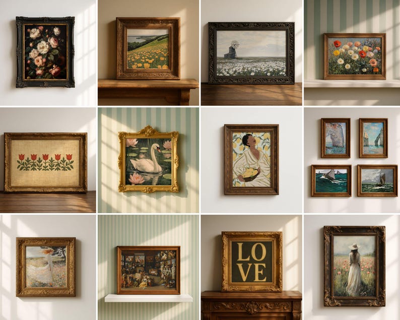 May include: A collection of framed vintage art prints. The prints feature floral still lifes, landscapes with windmills and fields of flowers, a swan on a pond, and a portrait of a woman. The frames are ornate and in various shades of brown and gold.
