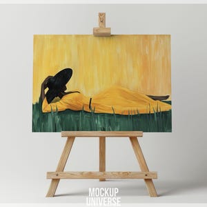 Easel Canvas Mockup, Horizontal Canvas Mockup for Painting Display, Landscape Canvas Template, Minimal Picture Mockup, Wood Easel Mockup PSD