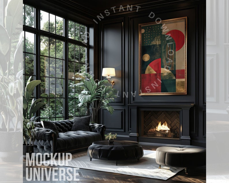 May include: A black leather sofa with tufted upholstery sits in a dark room with a fireplace and a large window. A framed abstract painting with geometric shapes in red, green, and gold hangs above the fireplace.
