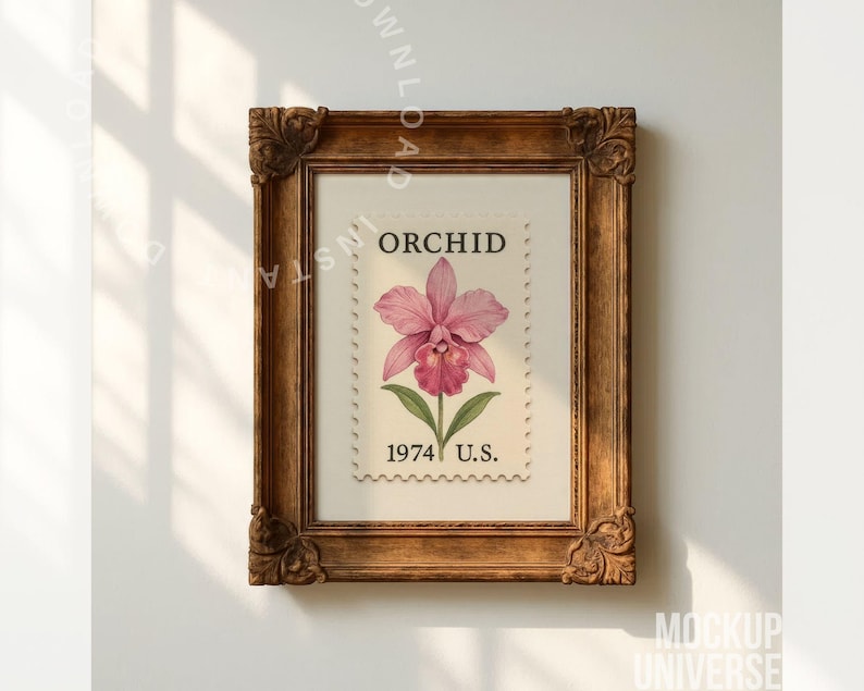 May include: A framed print featuring a vintage orchid stamp design. The stamp, labeled "ORCHID" and "1974 U.S.", showcases a pink orchid with green leaves. The frame is ornate, with a dark brown finish.