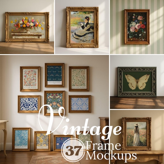 Rustic Frame Mockup Bundle: Vintage Gallery Wall Mock up, Wood Gold Framed Template PSD
