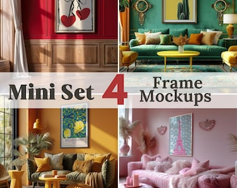 Colorful Frame Mockup Bundle, Vibrant Wall Art Mockup, Modern Framed Canvas Template, Interior Mockups, Poster Print Mockups PSD Photoshop