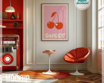 Retro Music Wall Art Mockup, Vintage Interior Frame Mockup with Glass Reflection, Framed Canvas Mockup, Large Vertical Print Poster Mockup