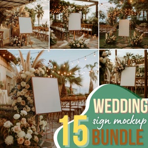 15 bruiloft welkomstbord mockup bundel, boho-schildersezel poster mockup, gezellige bloemen digitaal bord sjabloon, stoelen grafiek mockup, Photoshop mockup