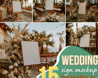 Paquete de 15 maquetas de carteles de bienvenida para bodas, maqueta de póster de caballete bohemio, plantilla de cartel digital floral acogedor, maqueta de plano de asientos, maqueta de Photoshop