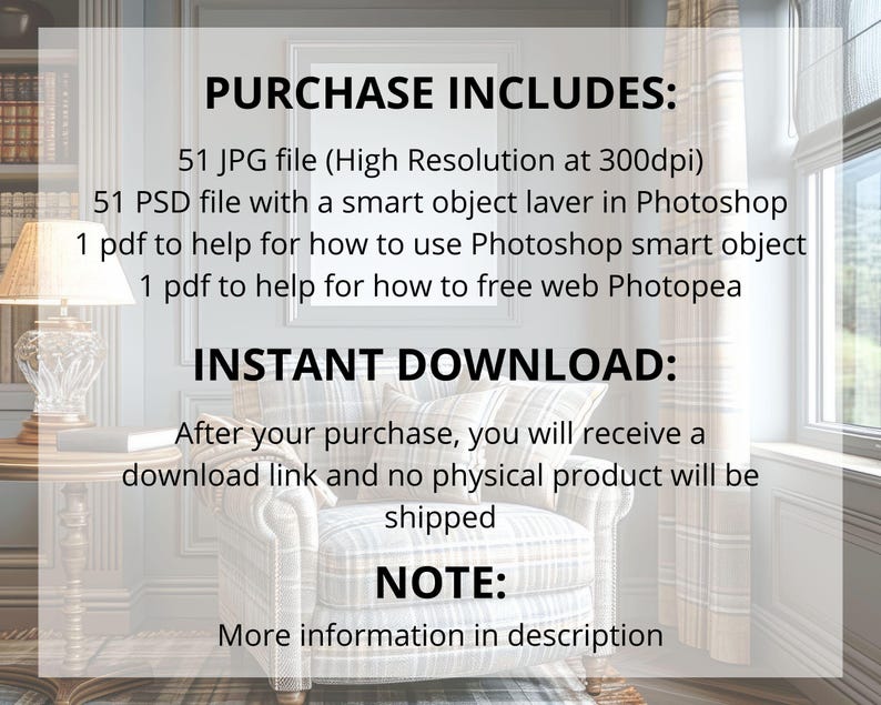 May include: A digital download listing for 51 JPG and 51 PSD files of high-resolution images. The listing also includes two PDF files with instructions on how to use Photoshop and Photopea.