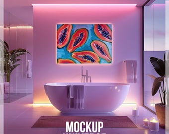 Modern Bathroom Wall Art Mockup, Preppy Artwork Template, Horizontal Poster Mockup, Pink Bathroom Print Display, Canvas Mockup PSD Photoshop