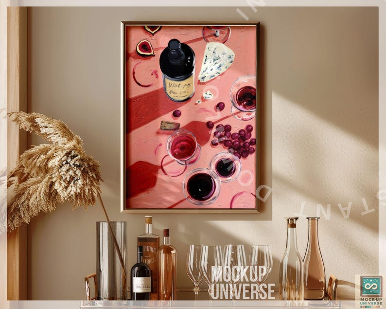 May include: A framed painting of a still life with a bottle of red wine, grapes, cheese, and wine glasses on a pink background.