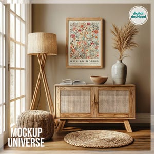 Vintage Wood Frame Mockup, Vertical Framed Canvas Mockup, Rustic Beige Interior Mockup, Photoshop Mockup PSD, Farmhouse Wall Art Display