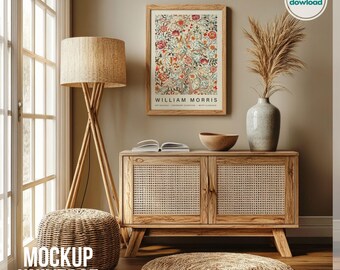 Vintage Wood Frame Mockup, Vertical Framed Canvas Mockup, Rustic Beige Interior Mockup, Photoshop Mockup PSD, Farmhouse Wall Art Display