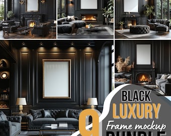 9 Black Luxury Interior Frame Mockup Bundle, Dark Fireplace Wall Art Display Set, Digital Gold Framed Canvas PSD, Modern Gothic Home Mockup