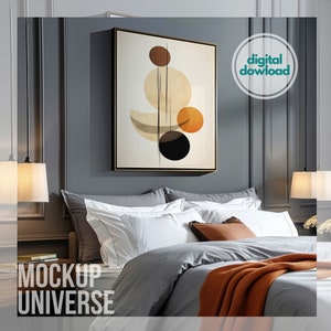 Elegante slaapkamerlijstmodel voor kunstwerk, grijs nachtkastje muurkunstmodel, digitale lijstmodel PSD, Photoshop modellijst