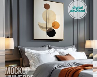 Elegant Bedroom Frame Mockup for Artwork, Gray Bedside Wall Art Mockup, Digital Frame Mockup PSD, Photoshop Mockup Frame