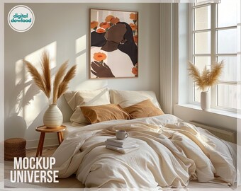 Boho Bedroom Frame Mockup, Modern Vertical Poster Mockup, Wall Art Mockup Frame, Home Interior Artwork Mockup PSD, Bedside Artwork Template