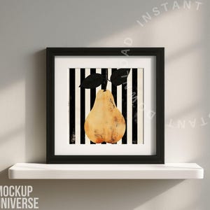 May include: A framed art print featuring a pear illustration. The pear is yellow with brown spots, set against a black and white striped background. The print is in a black frame and sits on a white shelf. The words "INSTANT DOWNLOAD" are visible.