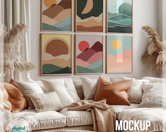 Gallery Wall Mockup Set of 6 Framed Canvas, Neutral Tone Frame Mockup Thin Wood Frame Template Beige Interior Mockup Poster Print Mockup PSD