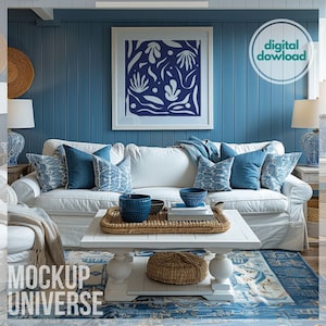 Coastal Blue Wall Art Frame Mockup, Square Frame Template Luxury Interior Mockup Frame Beach Artwork Display Square Picture Frame Mockup PSD