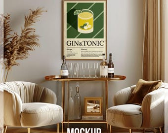 Bar Cart Frame Mockup, Home Bar Vertical Mockup Frame, Luxury Drinks Wall Art Mockup, Elegant Gold Frame Mockup PSD Cocktail Artwork Display
