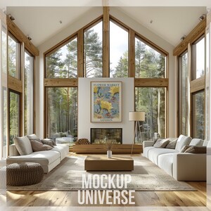 May include: A spacious living room with large windows and a high ceiling. Two white sofas face each other, with a wooden coffee table in the center. A framed poster with the text "FLOWER MARKET LONDON" hangs above the fireplace. The floor is made of wood.