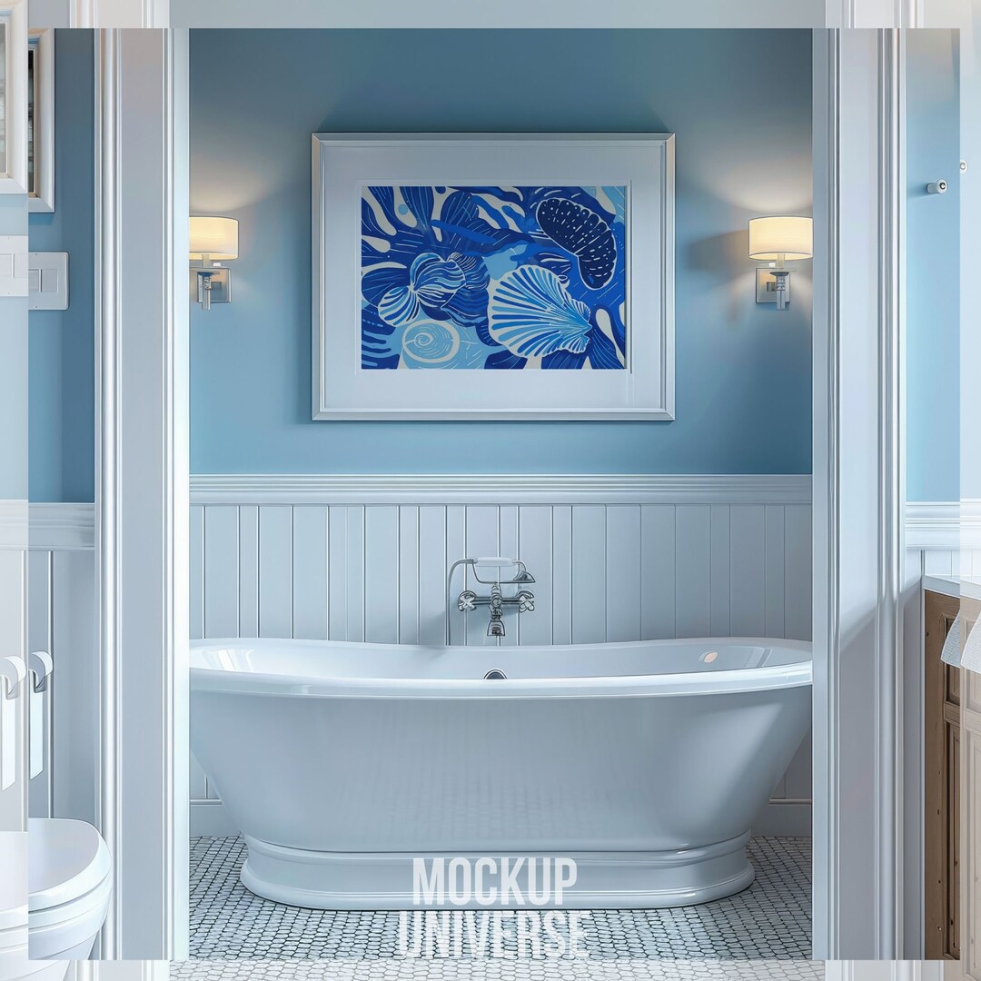 Luxury Blue Bathroom Wall Art Frame Mockup, Minimal White Bathtub