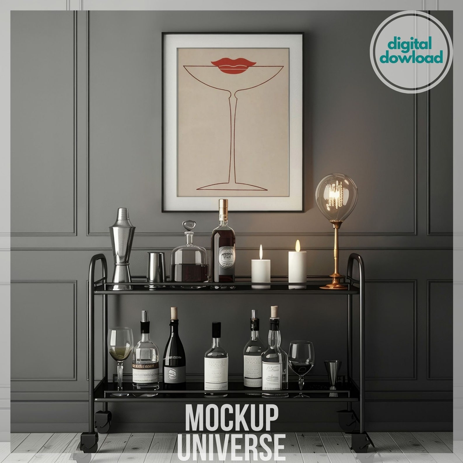 Home Bar Frame Mockup, Bar Cart Vertical Mockup Frame, Luxury Drinks ...