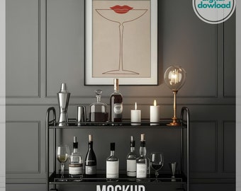 Home Bar Frame Mockup, Bar Cart Vertical Mockup Frame, Luxury Drinks Wall Art Mockup, Minimal Interior Mockup PSD, Elegant Artwork Display