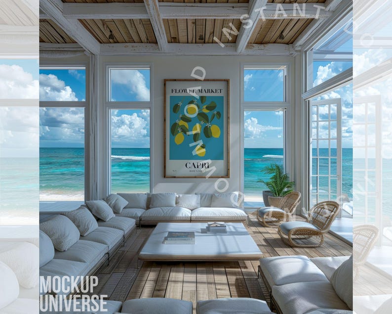 May include: A bright, airy living room with a view of the ocean. The room features white sofas, a wooden floor, and large windows. A framed poster with lemons and the word "Capri" hangs on the wall. Wicker chairs and a coffee table complete the scene.