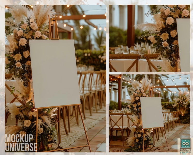 May include: A white blank sign on an easel with a floral arrangement of white roses and pampas grass in front of it. The sign is set up in an outdoor wedding venue with string lights and wooden chairs.