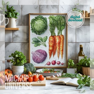 Küchenrahmen Mockup PSD, Esszimmer Wandkunst Mockup, Vertikales gerahmtes Leinwandmodell, Nahaufnahme Küchenkunst Mockup Foodszenenmodell für Photoshop