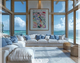 Coastal Art Frame Mockup, Luxe Beach Hall Mockup Frame, Seaview Wall Art Template, Beachfront Summer Frame Mockup PSD, Framed Canvas Mockup