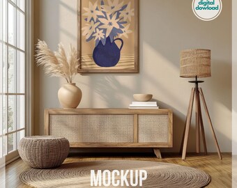 Minimal Wood Frame Mockup, Vertical Wall Art Mockup, Farmhouse Interior Mockup, Photoshop Mockup PSD, Neutral Tone Artwork Display