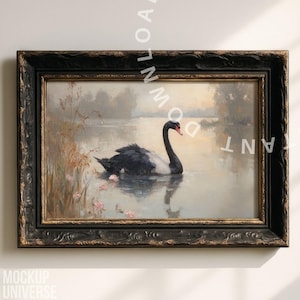 May include: An antique framed painting depicts a black swan gracefully gliding on a tranquil lake. The artwork features a black and white swan with a red beak, surrounded by soft, muted colors and delicate floral accents. The ornate black frame adds a touch of elegance.