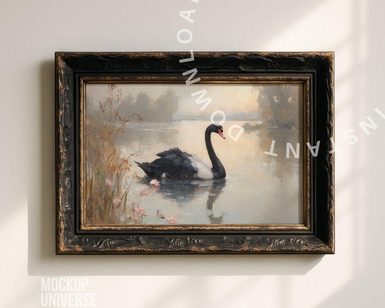 May include: An antique framed painting depicts a black swan gracefully gliding on a tranquil lake. The artwork features a black and white swan with a red beak, surrounded by soft, muted colors and delicate floral accents. The ornate black frame adds a touch of elegance.