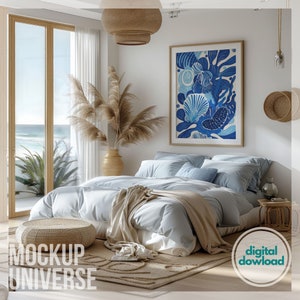 Coastal Bedroom Frame Mockup, Beach Interior Wall Art Mockup, Vertical Wood Frame Template, Summer Framed Canvas Mockup PSD for Photoshop