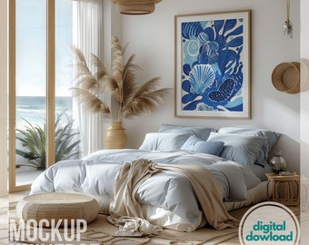 Coastal Bedroom Frame Mockup, Beach Interior Wall Art Mockup, Vertical Wood Frame Template, Summer Framed Canvas Mockup PSD for Photoshop