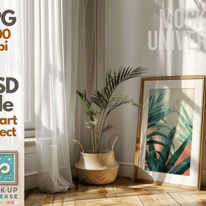 Sunny Interior Single Frame Mockup, Vertical Thin Wood Frame Template, Minimalist Artwork Display, Editable PSD with Smart Object zdjęcie 2