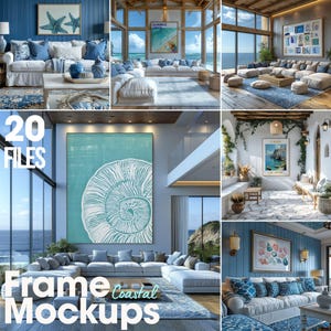 Puede incluir: Una colección de maquetas de marcos con temática costera. La imagen muestra varios entornos de diseño de interiores, incluyendo salones con esquemas de color azul y blanco, vistas al mar y obras de arte decorativas. El texto "20 FILES" y "Frame Coastal Mockups" son visibles.