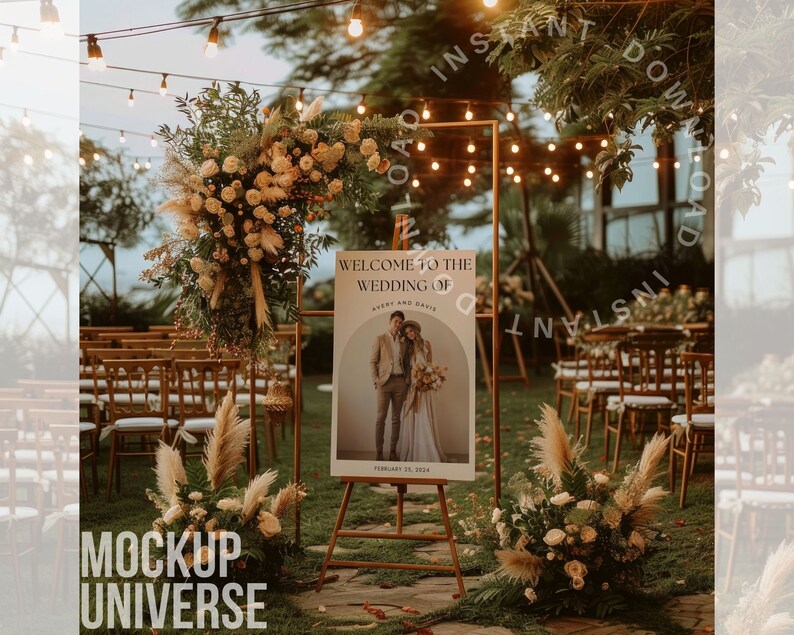 May include: A wedding welcome sign with a rustic wooden easel, featuring a photo of the couple and the text "Welcome to the Wedding of Avery and Davis, February 25, 2024". The sign is surrounded by greenery and flowers, with string lights in the background.