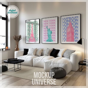 Maqueta de 3 marcos con reflejo, maqueta de arte de pared interior moderno blanco, maqueta de tres lienzos enmarcados, maqueta de póster impreso (PSD JPG)