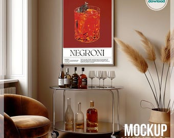 Home Bar Frame Mockup, Bar Cart Artwork Mockup Frame, Luxury Drinks Wall Art Mockup PSD, Elegant Interior Mockup, Cocktail Artwork Template