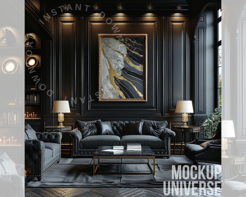 May include: A black leather sofa with tufted upholstery sits in a dark room with black walls and wood paneling. A framed abstract painting with gold and white accents hangs above the sofa. Two lamps with white shades stand on end tables on either side of the sofa. A black coffee table with a marble top sits in front of the sofa.
