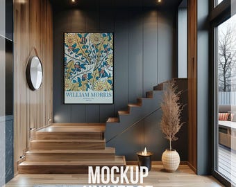 Elegant Entryway Frame Mockup with Stairs, Modern Paneled Wall Frame Template Framed Canvas Mockup Refined Hallway Wall Art Display PSD JPG