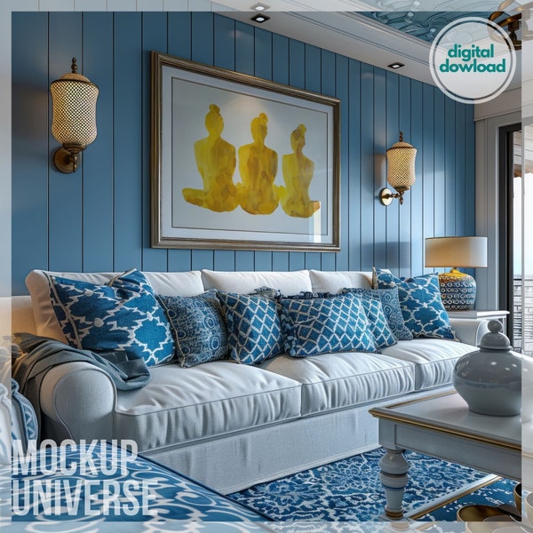 Luxury Coastal Wall Art Frame Mockup, Blue Interior Artwork Display, Classic Gold Frame Template, Poster Art Showcase PSD, Photoshop Mockup