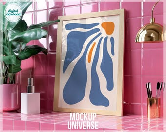 Pink Bathroom Frame Mockup, Retro Tile Wall Art Mockup, Trendy Frame Template, Colorful Frame Poster Mockup PSD, Minimalist Picture Mockup