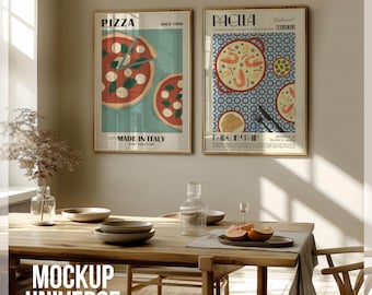 Scandi Kitchen Frame Mockup, Two Thin Wood Frame Template, Double Frame Mockup, Vertical Framed Canvas Mockup, Food Poster Print Mockup PSD