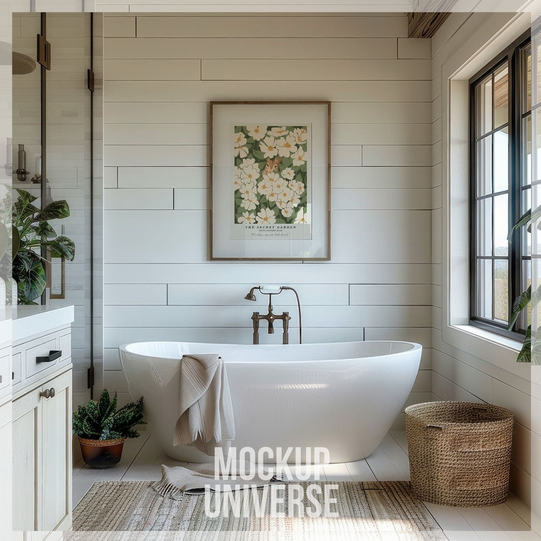 White Bathroom Wall Art Frame Mockup, Minimal Bathtub Artwork Display ...