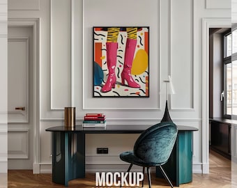 Home Office Wall Art Mockup, Modern Workplace Frame Mockup, Minimal Interior Mockup Frame, Office Poster Mockup, Vertical Framed Canvas PSD