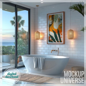 Coastal Bathroom Single Frame Mockup, Tropical White Bathtub Artwork Mockup, Seafront Framed Canvas, Beach Poster Mockup Wall Frame PSD